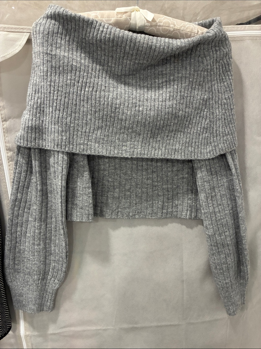 LOFT Gray Ribbed Off-Shoulder Cowl Sweater